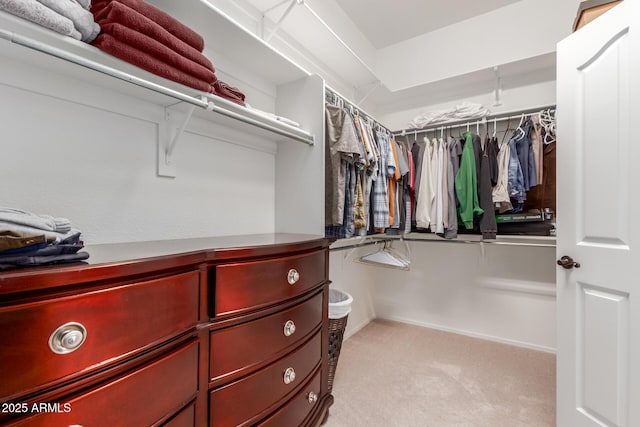 walk in closet featuring light carpet