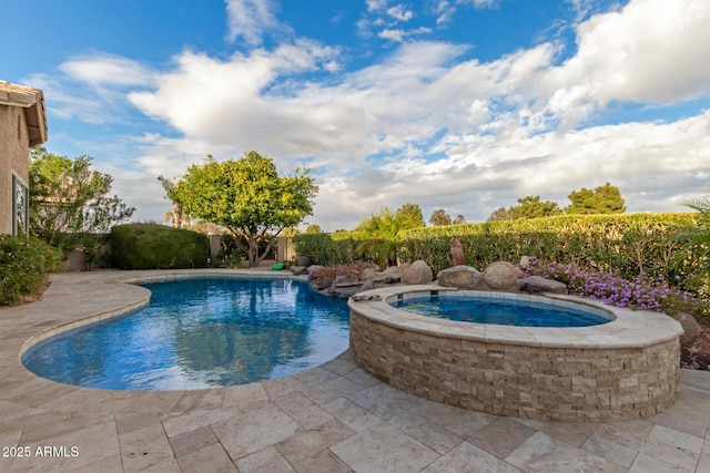 view of swimming pool featuring a fenced backyard, a fenced in pool, and an in ground hot tub