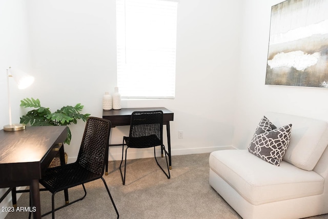 office space featuring light carpet and baseboards