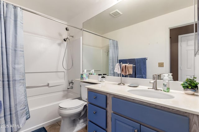bathroom with toilet, visible vents, tile patterned floors, vanity, and shower / bath combo