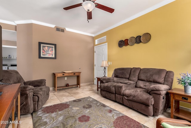 living room featuring visible vents, baseboards, ceiling fan, light tile patterned flooring, and ornamental molding