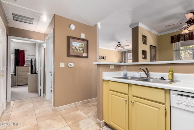 kitchen featuring a sink, light countertops, a ceiling fan, and dishwasher
