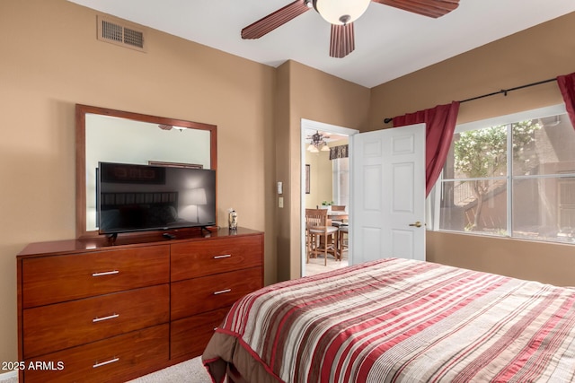 bedroom featuring a ceiling fan and visible vents