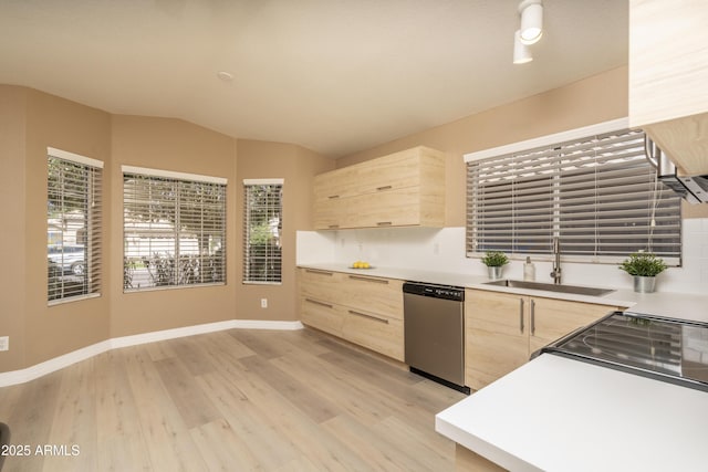 12044 S 45th St, Phoenix, AZ 85044 - kitchen featuring light brown cabinetry, stainless steel dishwasher, a sink, modern cabinets, and light wood-style flooring