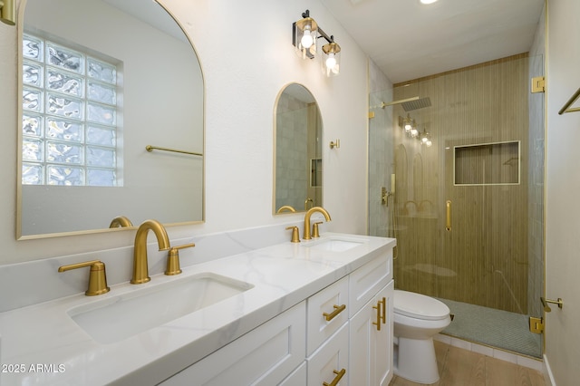 bathroom with toilet, vanity, and a shower with door