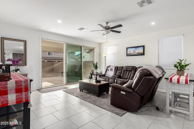 living room with ceiling fan