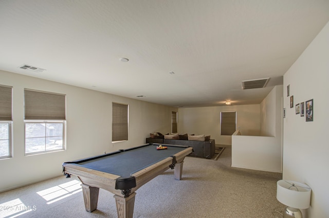 game room with pool table, carpet flooring, and visible vents