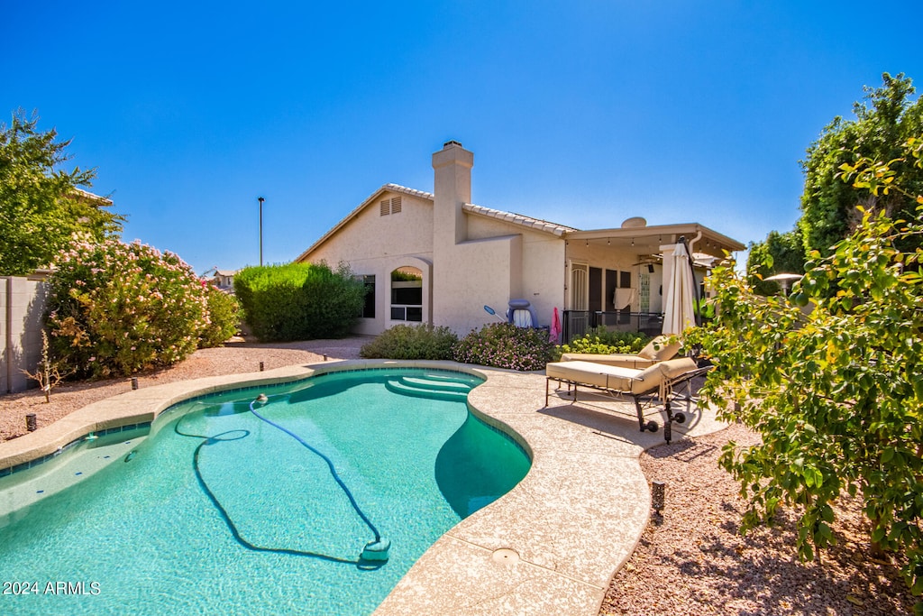 view of pool with a patio area and ceiling fan