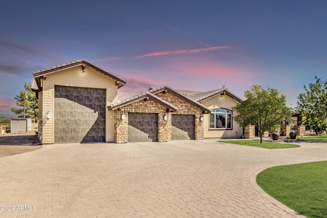 5039 S 158th St, Gilbert, AZ 85298 - ranch-style home with a garage, driveway, a tile roof, and stone siding