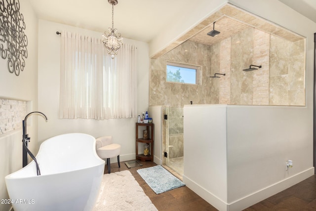 5039 S 158th St, Gilbert, AZ 85298 - full bathroom featuring a freestanding tub, baseboards, walk in shower, and a notable chandelier