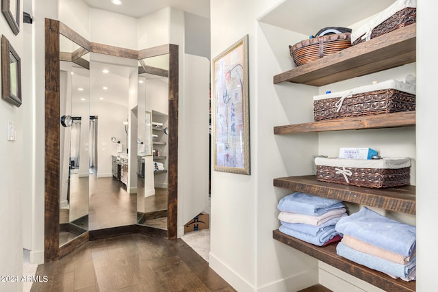 spacious closet with dark wood-type flooring