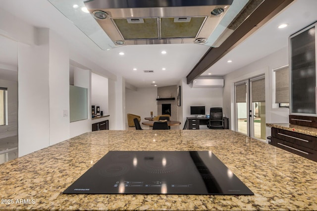 12821 N 67th St, Scottsdale, AZ 85254 - living area with french doors, a desk, a brick fireplace, a wall mounted AC, and recessed lighting