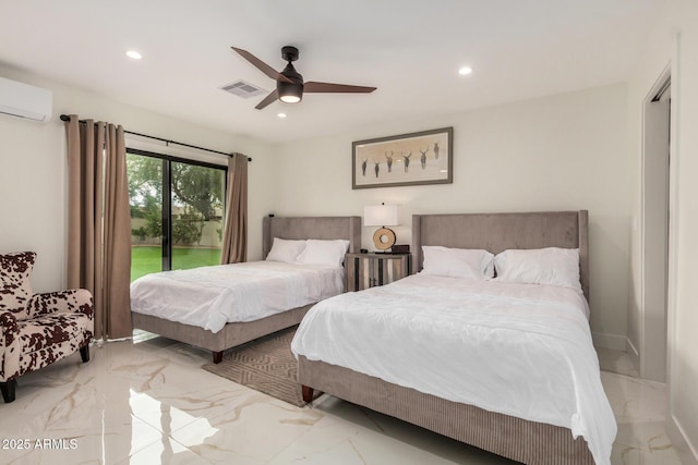 12821 N 67th St, Scottsdale, AZ 85254 - bedroom featuring marble finish flooring, recessed lighting, an AC wall unit, a ceiling fan, and access to exterior