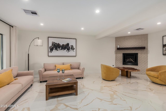 12821 N 67th St, Scottsdale, AZ 85254 - living room featuring recessed lighting, marble tiled flooring, a fireplace, beamed ceiling, and baseboards