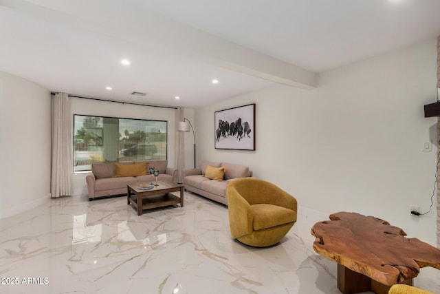 12821 N 67th St, Scottsdale, AZ 85254 - living area featuring recessed lighting, marble tiled floors, beam ceiling, and baseboards
