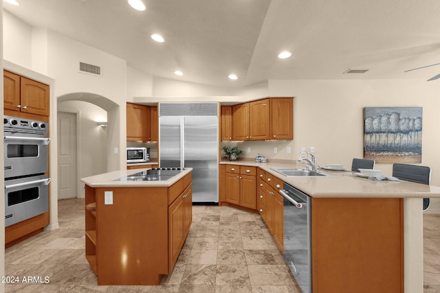 kitchen featuring lofted ceiling, stainless steel appliances, a center island, and sink