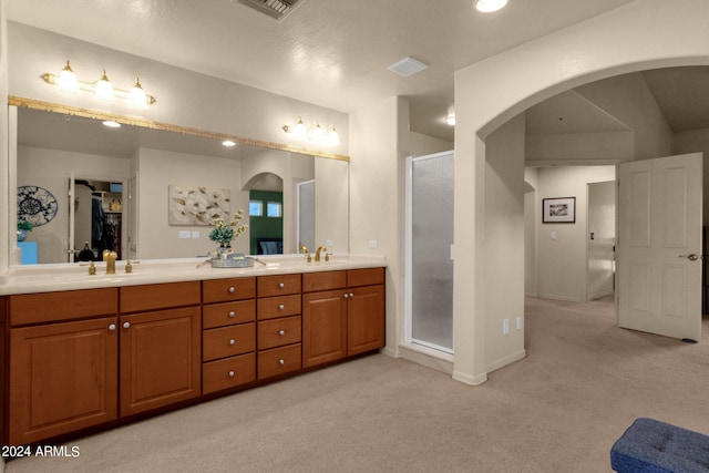 bathroom featuring vanity and a shower with shower door