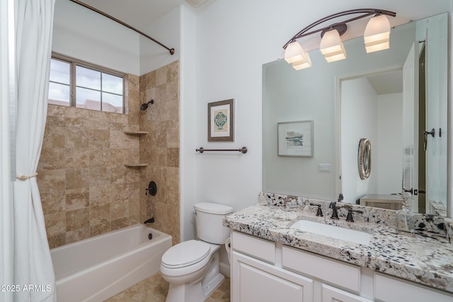 bathroom with toilet, shower / tub combo, and vanity