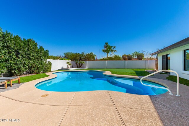 view of swimming pool with a lawn and a patio