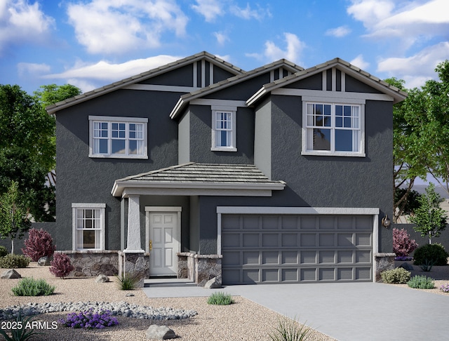 craftsman house featuring a garage, stone siding, concrete driveway, and stucco siding