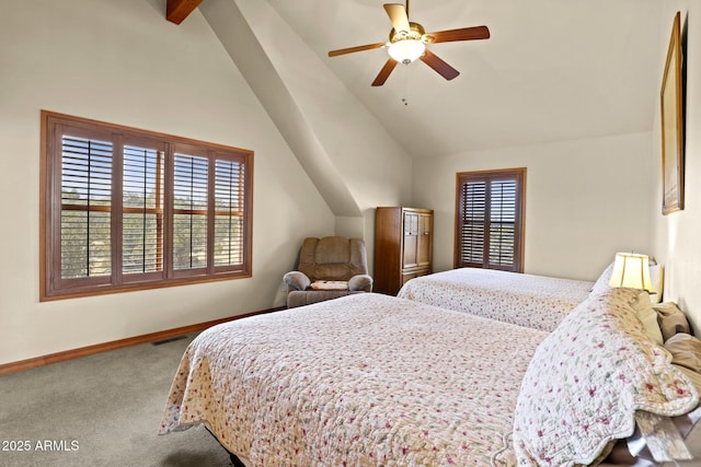 bedroom with vaulted ceiling, carpet floors, and ceiling fan