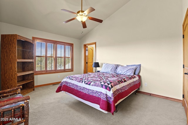 carpeted bedroom with high vaulted ceiling and ceiling fan