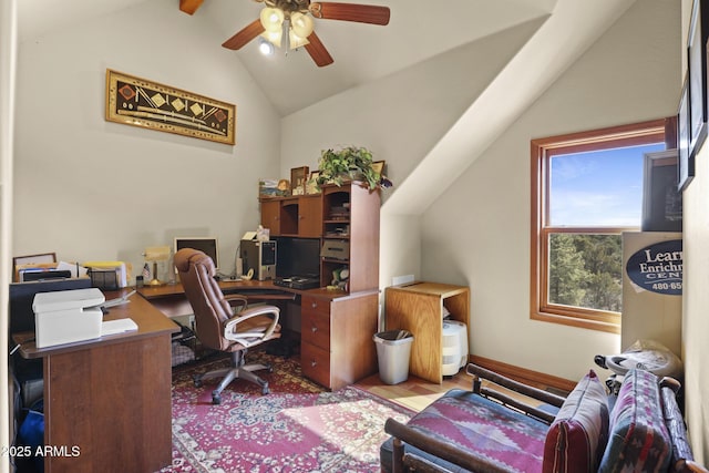 office area with ceiling fan, vaulted ceiling, and light hardwood / wood-style flooring