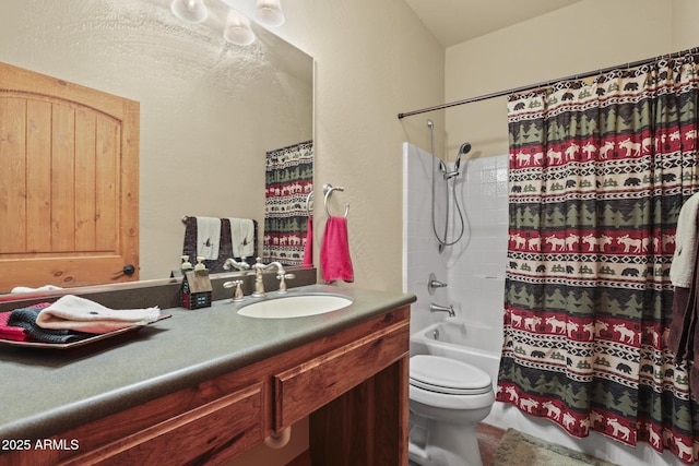 full bathroom with shower / bathtub combination with curtain, vanity, and toilet