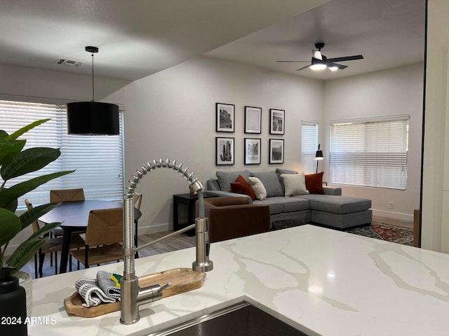 living room featuring ceiling fan and dark wood-type flooring