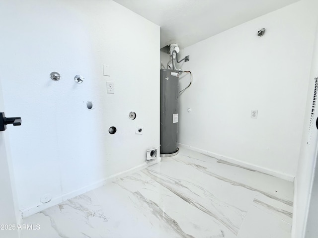 laundry area with baseboards, water heater, laundry area, marble finish floor, and hookup for an electric dryer