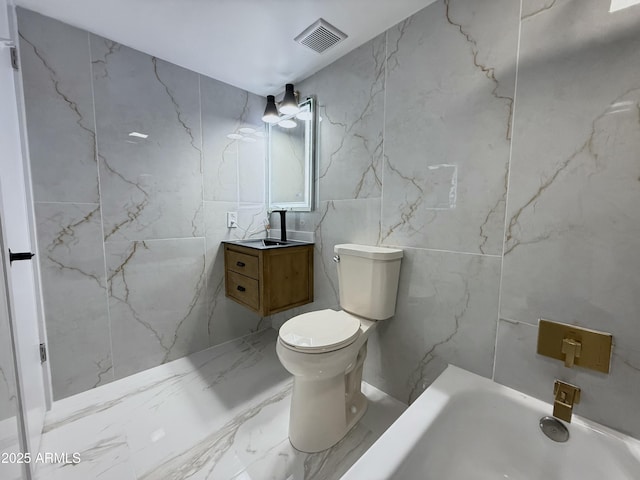 full bathroom with vanity, stone wall, visible vents, toilet, and marble finish floor