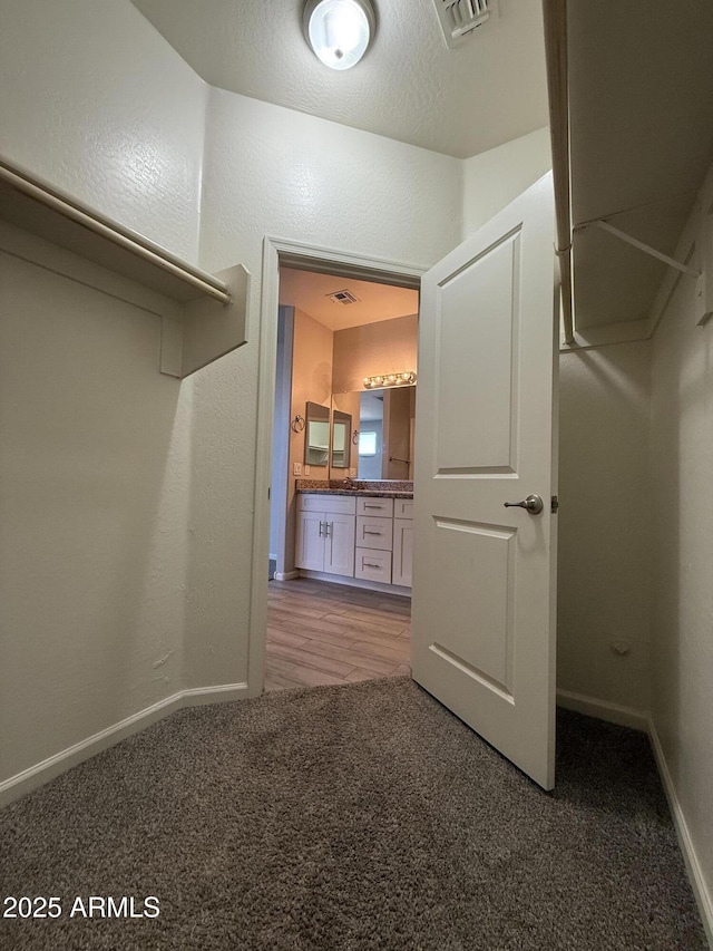 walk in closet with carpet floors