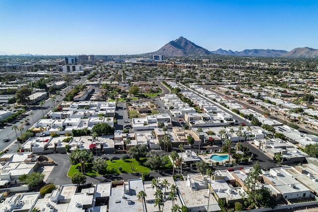 drone / aerial view featuring a mountain view