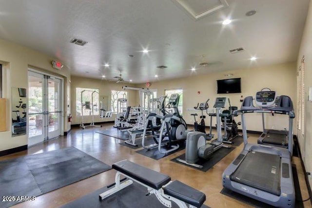 gym with french doors