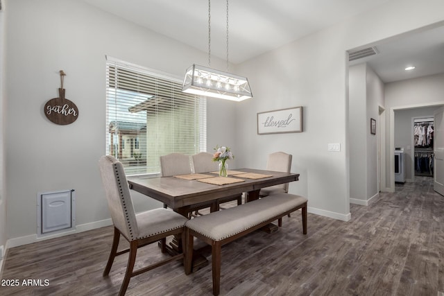 19436 W Windsor Ave, Buckeye, AZ 85396 - dining room with baseboards, dark wood-style flooring, washer / dryer, and recessed lighting