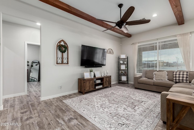 19436 W Windsor Ave, Buckeye, AZ 85396 - living area with a ceiling fan, beam ceiling, wood finished floors, baseboards, and recessed lighting