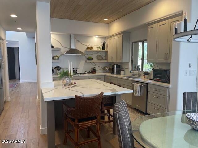 41576 N 107th Way, Scottsdale, AZ 85262 - kitchen with dishwasher, wall chimney range hood, open shelves, gray cabinets, and recessed lighting