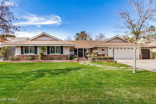 single story home featuring a front lawn and a garage