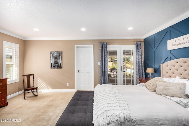 carpeted bedroom featuring crown molding, access to exterior, and a textured ceiling