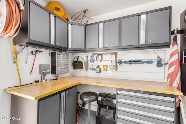 kitchen with gray cabinets and butcher block counters