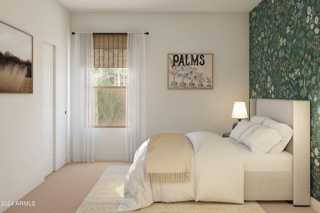 bedroom with light colored carpet