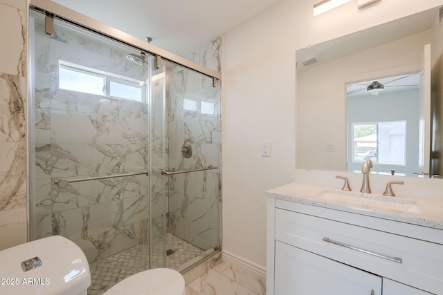full bathroom featuring a marble finish shower, toilet, and marble finish floor