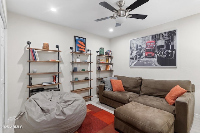 living room featuring recessed lighting and ceiling fan