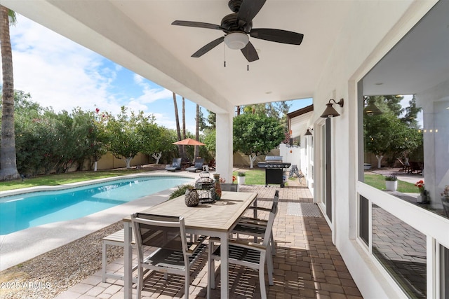 view of swimming pool with ceiling fan, a fenced backyard, a patio area, outdoor dining space, and area for grilling