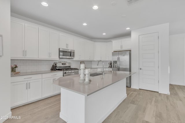 kitchen with a sink, white cabinets, appliances with stainless steel finishes, light wood-type flooring, and tasteful backsplash