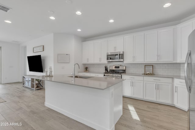 kitchen with a sink, visible vents, white cabinets, appliances with stainless steel finishes, and tasteful backsplash