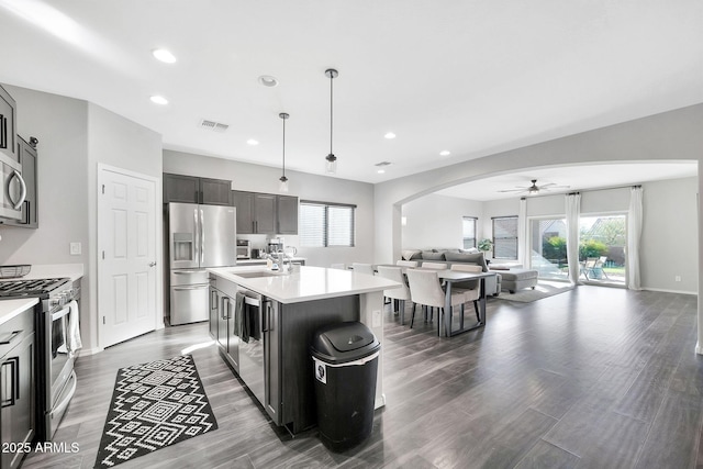 kitchen featuring ceiling fan, decorative light fixtures, a wealth of natural light, an island with sink, and stainless steel appliances