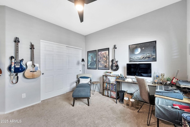 home office with carpet and ceiling fan