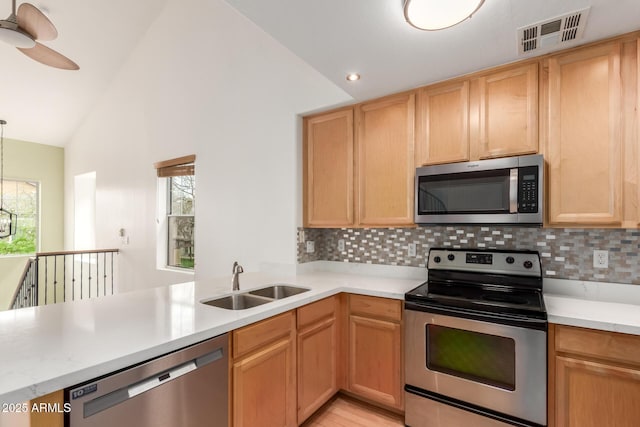 kitchen with a wealth of natural light, visible vents, appliances with stainless steel finishes, and a sink