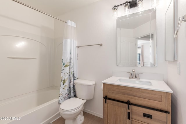 full bathroom with toilet, vanity, shower / tub combo, and wood finished floors